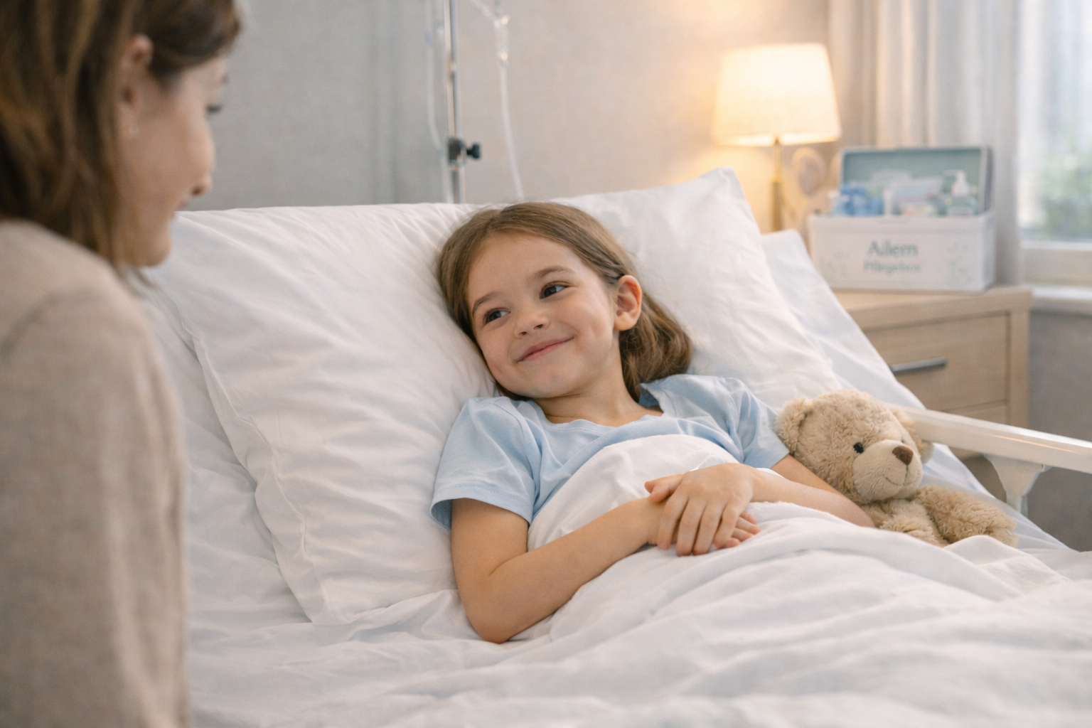 Pflegende Mutter mit Kind im Bett – liebevolle häusliche Pflege